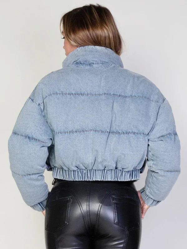 Zip Up Puffy Denim Jean Jacket