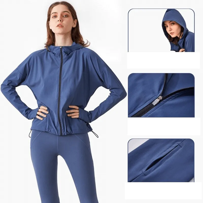 Zipper Hood Loose Fitness Jacket With Adjustable Drawstring for Women - SF1447