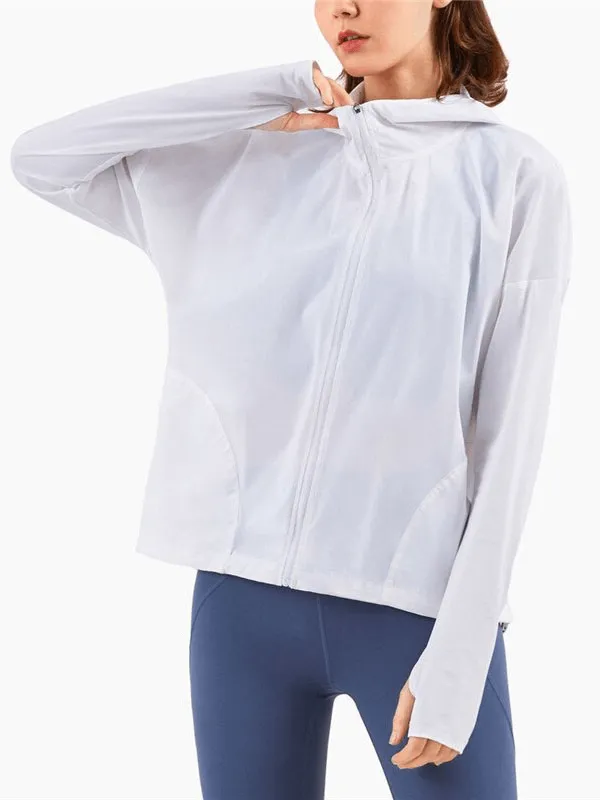 Zipper Hood Loose Fitness Jacket With Adjustable Drawstring for Women - SF1447