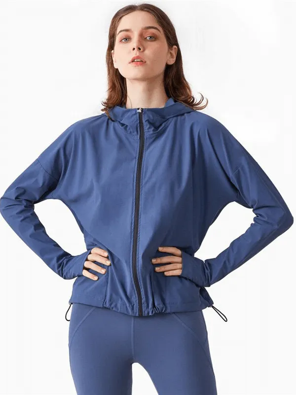 Zipper Hood Loose Fitness Jacket With Adjustable Drawstring for Women - SF1447